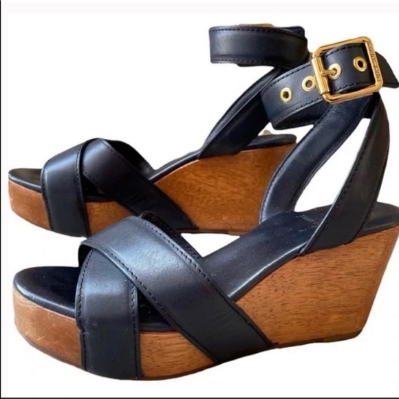 Tory Burch Shoes - Tory Burch | Almita Navy Leather Ankle Strap Platform Wedge Sandals Women's 7